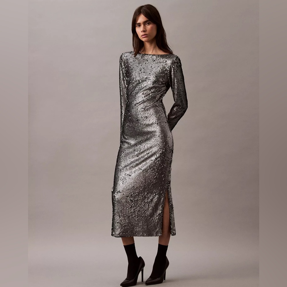 Calvin Klein Silver Sequin Embellished Midi Dress - Dark Grey - Size Small - NWT - Picture 2 of 9